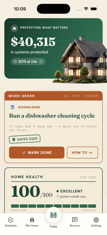 The Eaverly app — today's task, home-health score, and total value protected